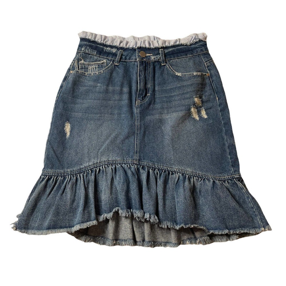 Juniors JOLT Distressed Ruffled Frayed Hem Layered Look Denim Jean Skirt Size‎ 5